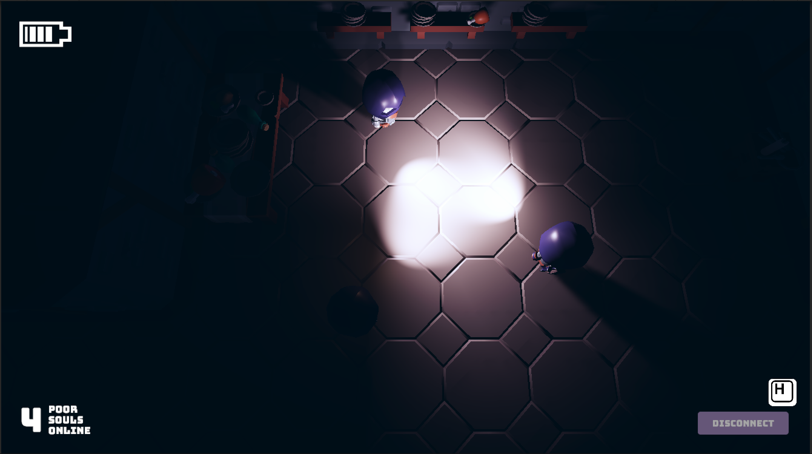 A screenshot form the jam game 'Dead End' that I made at Nordic Game Jam in 2023. Three skeletons in purple hoods, players, are standing in a dungeon surrounded by various props meeting each other looking at each other with their flashlights.